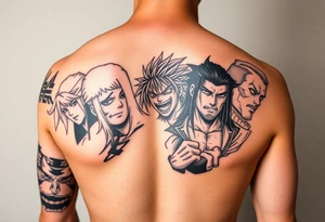 Battle royal anime sleeve with several characters from different Manga tattoo idea