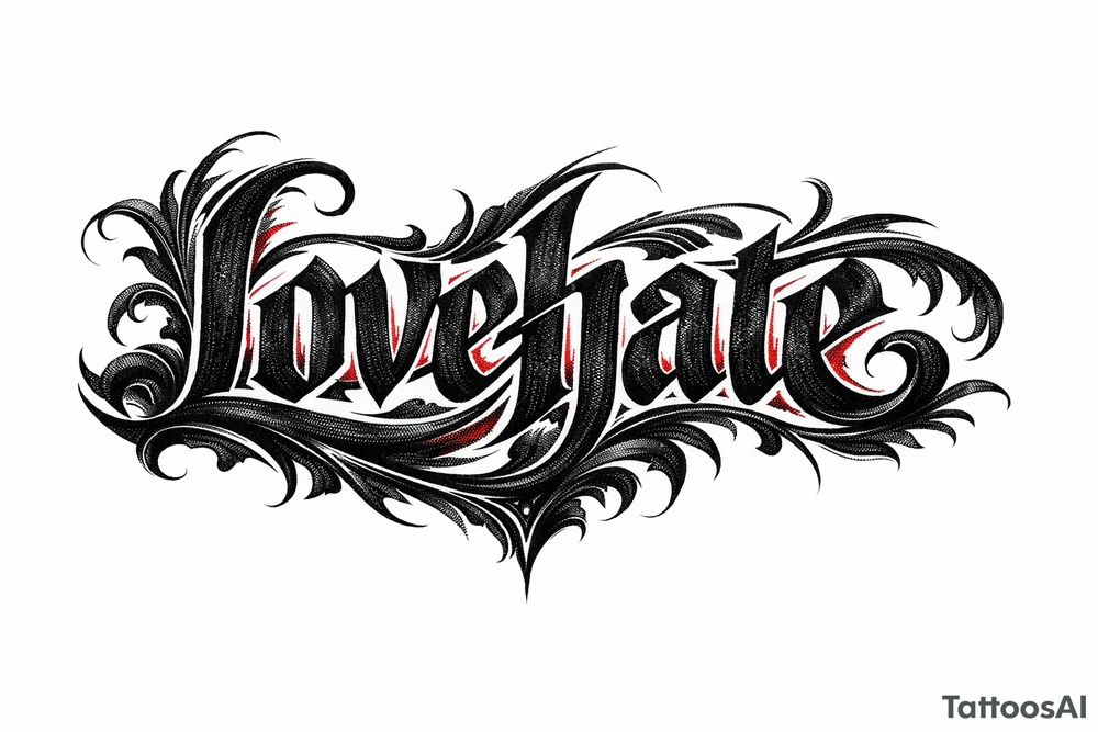 Textured font 'lovehate' in charcoal with deep red highlights.combine the two words to make one word tattoo idea
