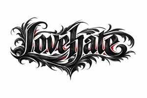 Textured font 'lovehate' in charcoal with deep red highlights.combine the two words to make one word tattoo idea