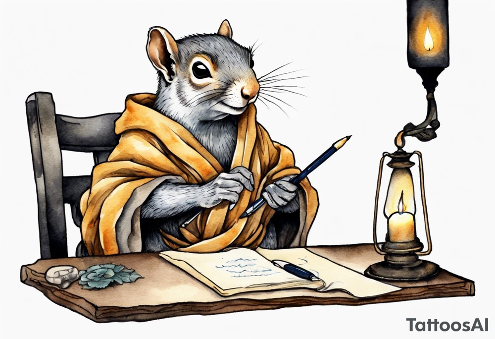 an elderly grey squirrel dressed in a monk robe wearing an eye patch sitting at a desk in the dark writing by candlelight tattoo idea