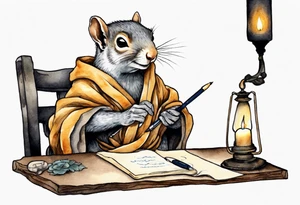 an elderly grey squirrel dressed in a monk robe wearing an eye patch sitting at a desk in the dark writing by candlelight tattoo idea