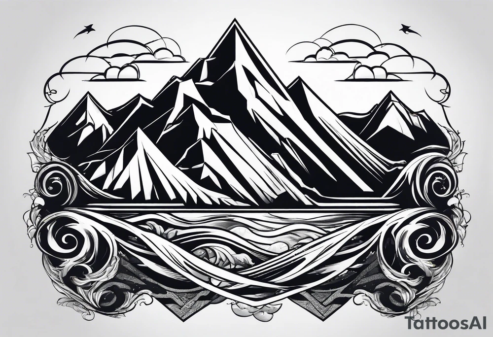 Mountains and ocean waves crashing diamond shape tattoo idea