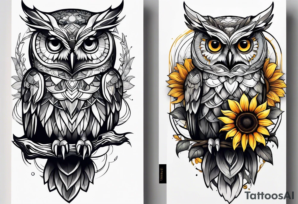 Owl and sunflower sleeve tattoo idea