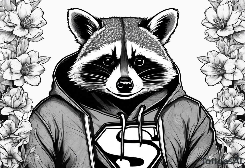 raccoon wearing a Superman hoodie with orange blossoms tattoo idea