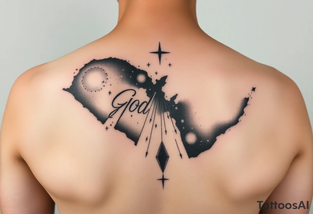 Beautiful and epic 3d milky way that appears to be what is beneath the skin. Make it drape over the shoulder and move to the middle back. use negative spaces to create stars and dust. Incorporate God breathing life into the universe. Keep it symmetrical tattoo idea