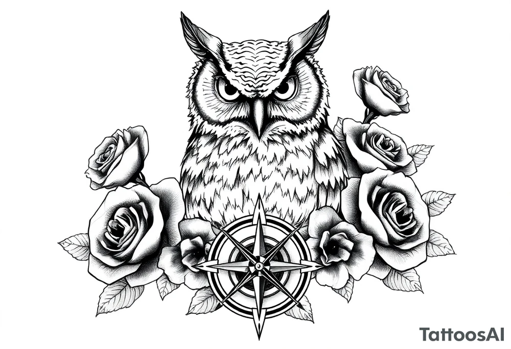 an owl,compass,roses, tattoo idea