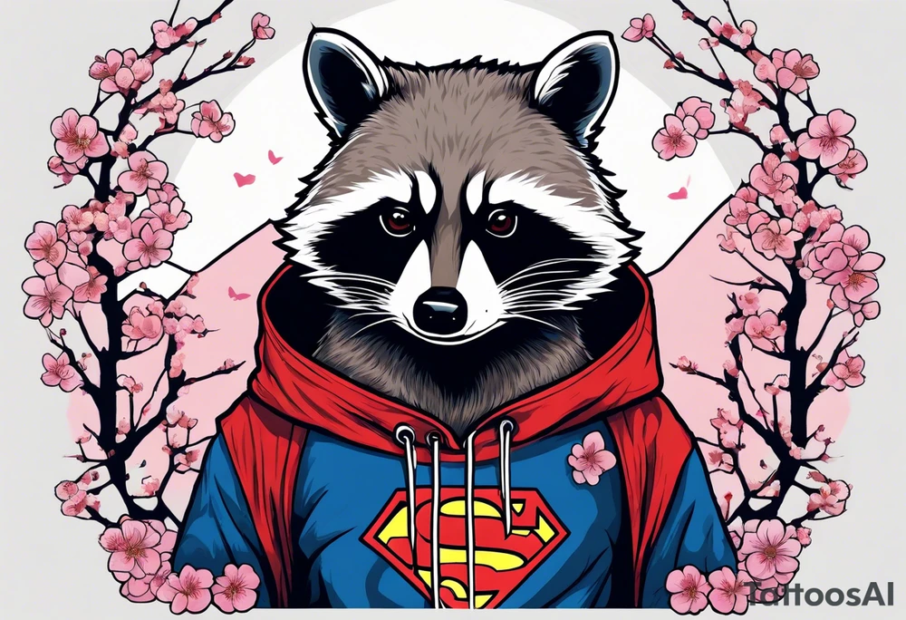 Raccoon wearing a Superman hoodie and Japanese cherry blossoms tattoo idea