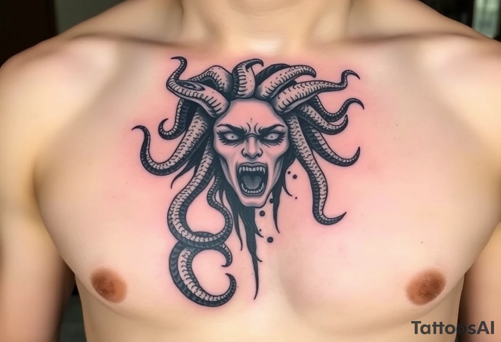 Medusa en fragmentos / Mirada mortal
Una Medusa moderna, no con rostro de horror, sino con una expresión de poder y resignación.

Su cabeza hecha de serpientes negras en movimiento (podrían extenderse hacia el hombro).

Parte del rostro desintegrándose como piedra. tattoo idea