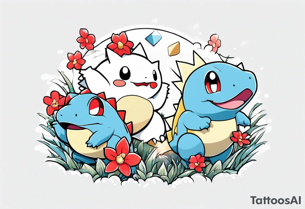 Togepi and totodile playing together in a field tattoo idea