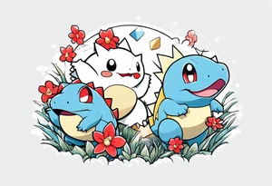 Togepi and totodile playing together in a field tattoo idea