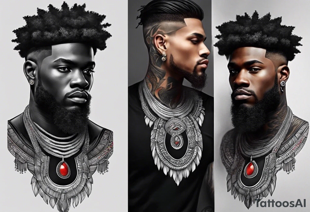 homem divindade africano realista em preto e cinza com os olhos vermelhos. Fundo da imagem com tons vermelhos.Segurando na mão um falo de madeira com cabaças penduradas. tattoo idea