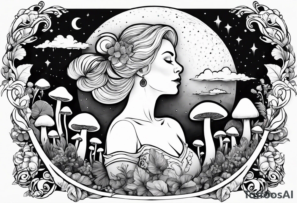 Older blonde fat woman no makeup surrounded by mushrooms mountains crescent moon background tattoo idea