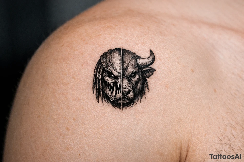 a face half predator half bull tattoo idea