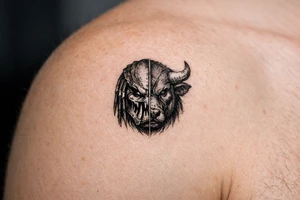 a face half predator half bull tattoo idea