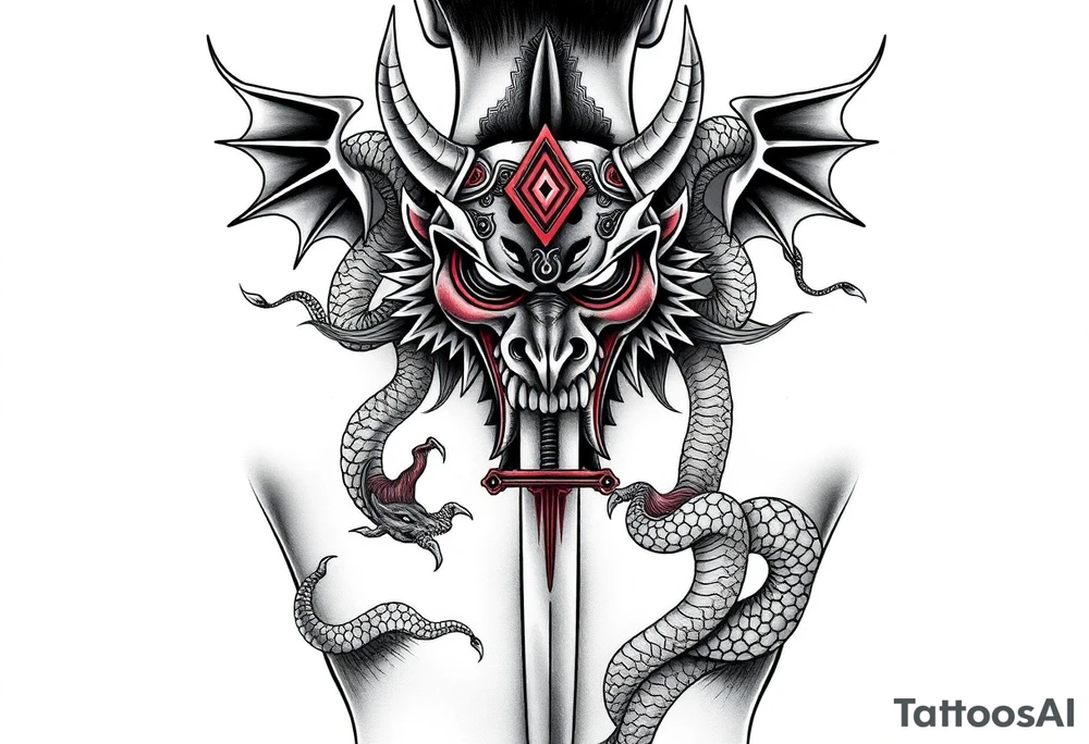 Back Tattoo with An Oni With a broken mask and a Sword, Dragons & snakes tattoo idea