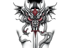 Back Tattoo with An Oni With a broken mask and a Sword, Dragons & snakes tattoo idea