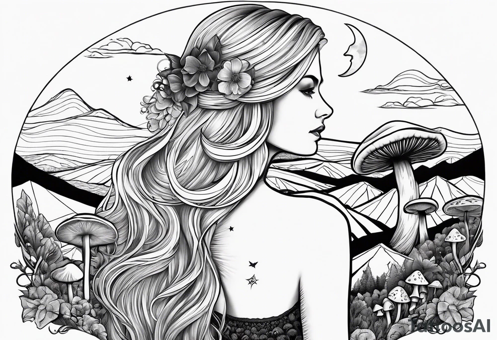 Blonde long straight hair older woman no makeup surrounded by mushrooms facing away mountains crescent moon background tattoo idea