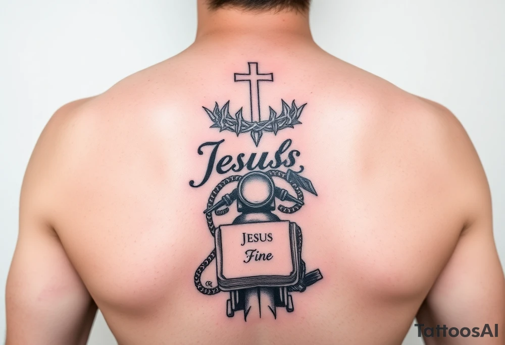 The words Jesus Fine. A Harley motorcycle a crown of thorns and a bible tattoo idea