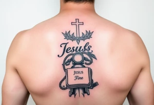 The words Jesus Fine. A Harley motorcycle a crown of thorns and a bible tattoo idea