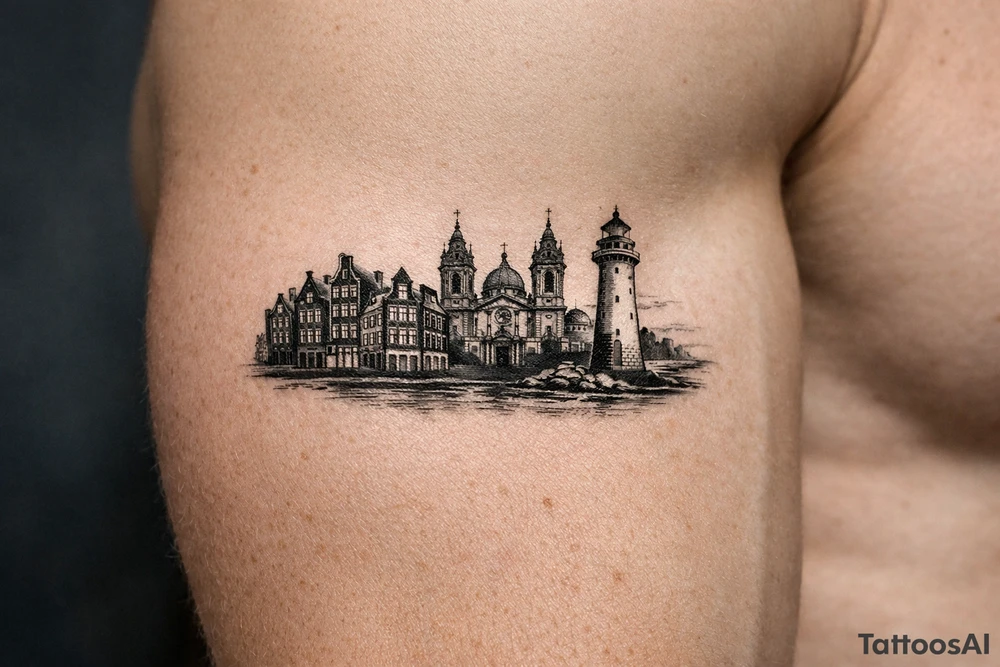Cityscape silhouette of Amsterdam canal houses and Braga cathedral, with New Brighton lighthouse. tattoo idea