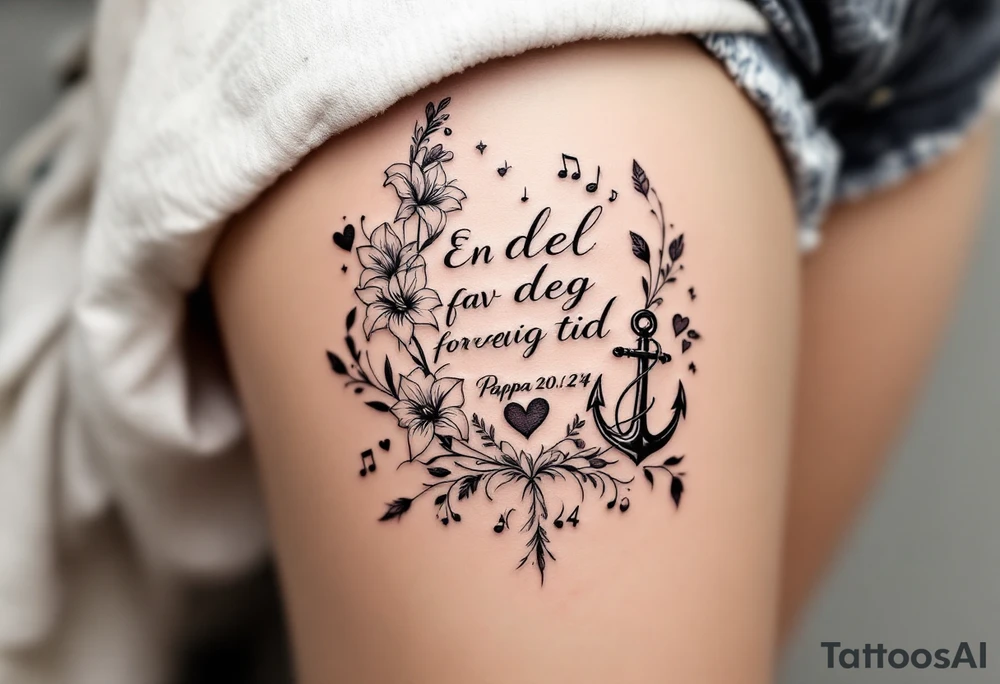 «En del av deg for evig tid
Pappa 20.12.24» Surrounded by long gladiolus, hearts, notes and an anchor tattoo idea