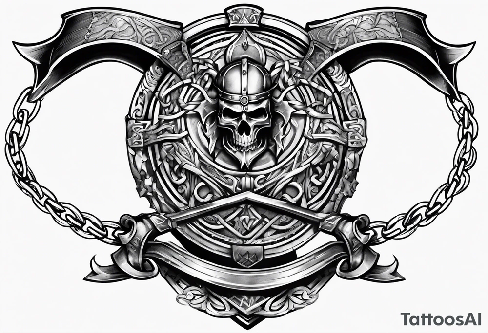 Valhalla sword round shield axe barbed wire chains tattoo idea