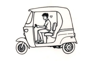 Create a simple tuk tuk. Add a boy in the vehicle. Add a heart to indicate that the boy is in love. tattoo idea