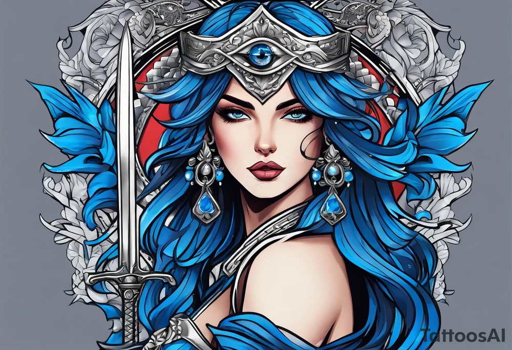 The woman's eyes are covered with a blue ribbon, she holds a sword in one hand and scales in the other . lady justicia tattoo idea