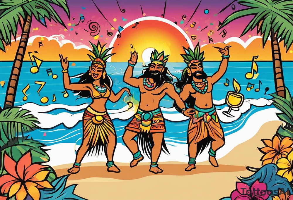 dancing tiki gods dance party on the beach with a sunset in the center of the image with confetti and music notes tattoo idea