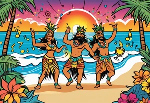 dancing tiki gods dance party on the beach with a sunset in the center of the image with confetti and music notes tattoo idea