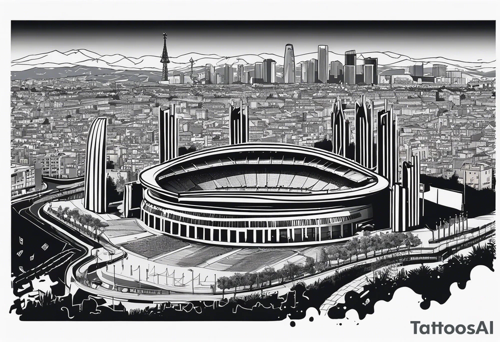 Barcelona cityscape with culture and music and fc Barcelona stadium tattoo idea