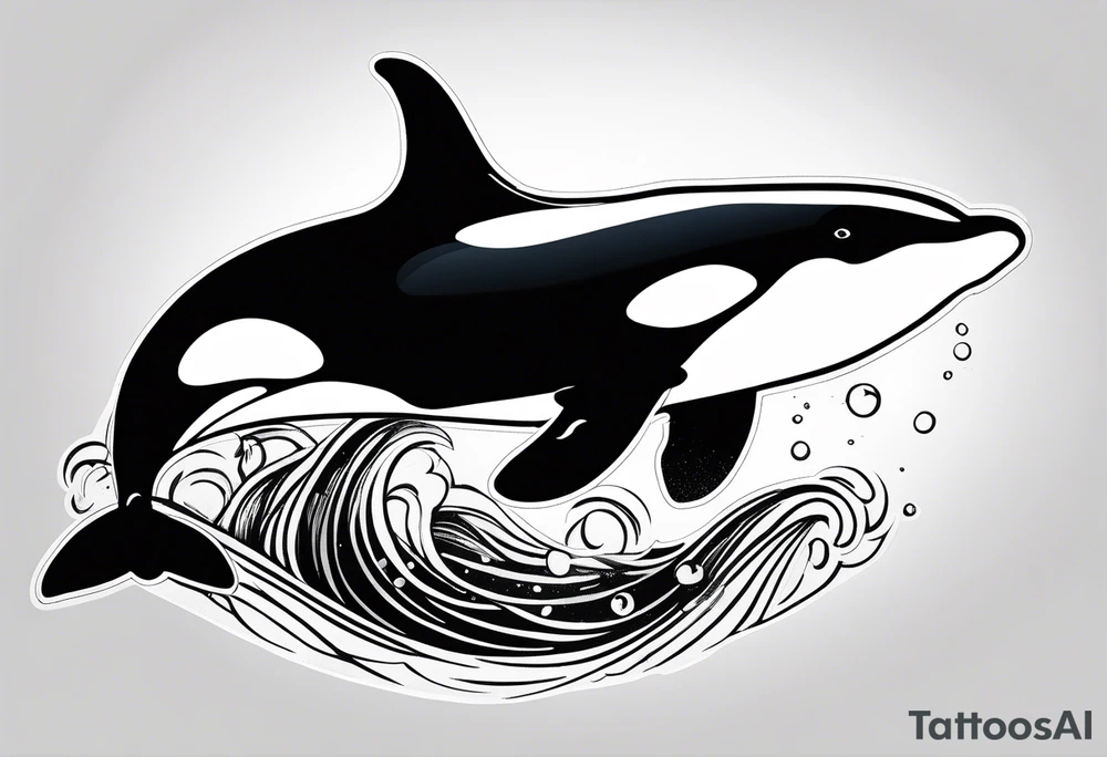 transient orca, Japanese realism, simplistic, shaded high contrast, flowing, kelp highlights tattoo idea