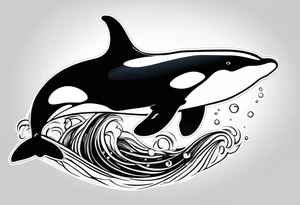 transient orca, Japanese realism, simplistic, shaded high contrast, flowing, kelp highlights tattoo idea