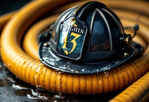 A firefighter’s helmet resting on a coiled fire hose, with water droplets trickling down and subtle reflections in the brass nozzle. tattoo idea