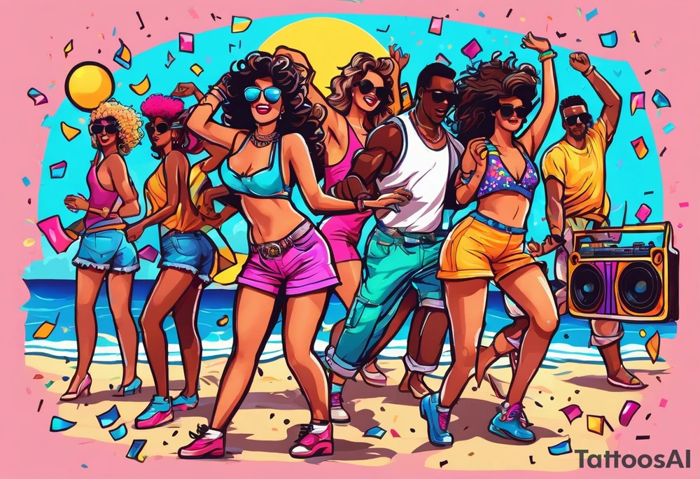 1980's style dance party with boom box and confetti in a beach theme. include people in 80's miami beach clothes, music note. tattoo idea