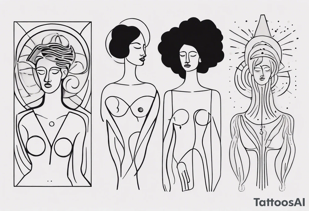 Abstract fine line woman dotwork tattoo idea