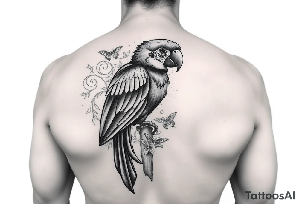 I want to create a complex tattoo to surround an existing tattoo of a very colorful parrot on my right bicep tattoo idea