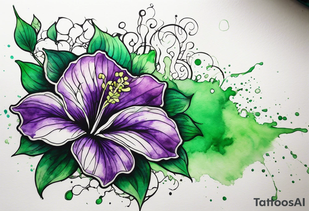 A mystical outline of a green and purple rio dipladenia flower and a green and purple watercolor splash in the background tattoo idea