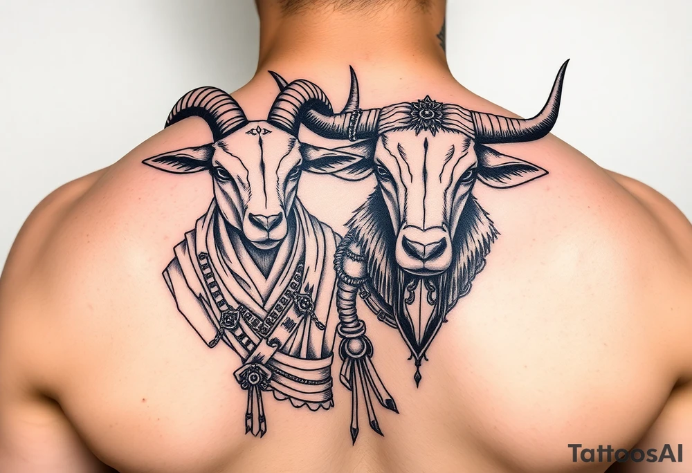 Feminine goat and ox dressed up as warriors tattoo idea