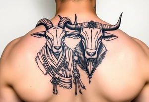 Feminine goat and ox dressed up as warriors tattoo idea
