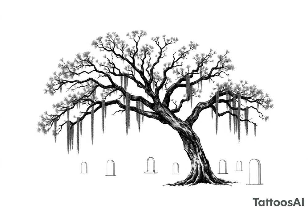 Laurel oak with Spanish moss in a cemetery tattoo idea