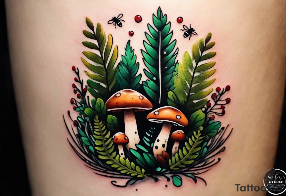 minimalistic forest floor inspired tattoo, which includes grass, moss, curly ferns and dead leaves as the bulk of the tattoo. details to include: forest berries, couple of very small brown mushrooms, a tiny bumblebee flying nearby tattoo idea