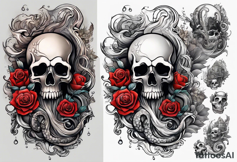 Left thigh tattoo with an octopus in water swirls wrapping around rocks, skulls, a rose, fall colors tattoo idea