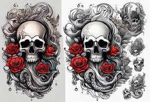 Left thigh tattoo with an octopus in water swirls wrapping around rocks, skulls, a rose, fall colors tattoo idea