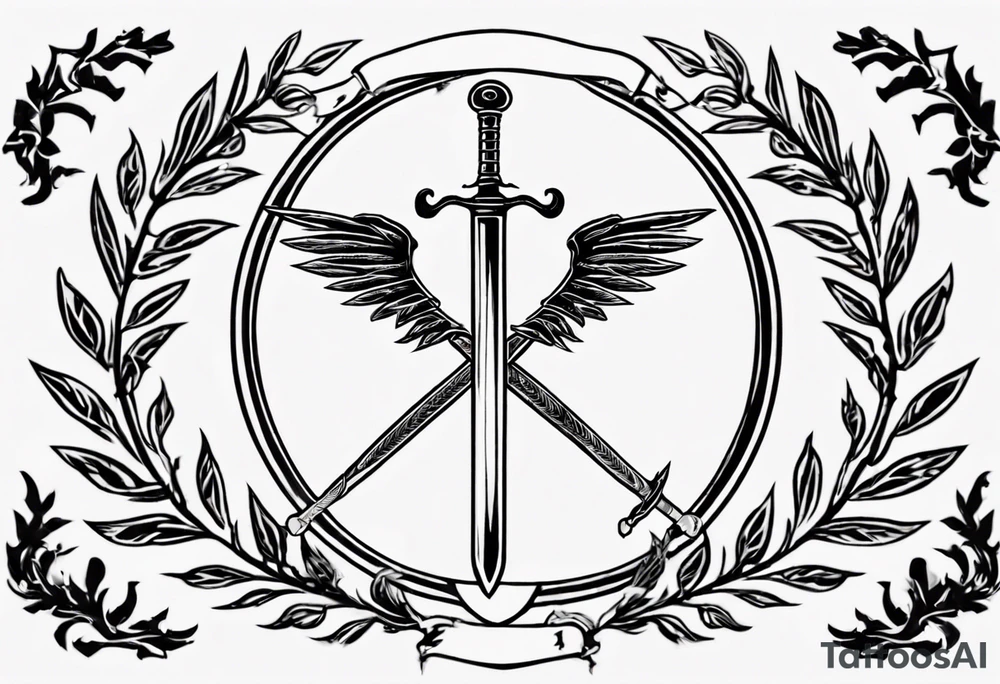 number 13 centered in a laurel leaf wreath and a sword going through the center of the wreath. angel tattoo idea