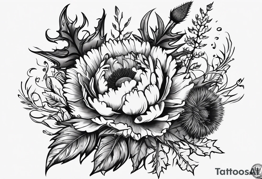 wildflowe bouquet including thistle with the lyricas "And I won't let me insecurities define who I am" around it tattoo idea