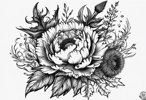 wildflowe bouquet including thistle with the lyricas "And I won't let me insecurities define who I am" around it tattoo idea