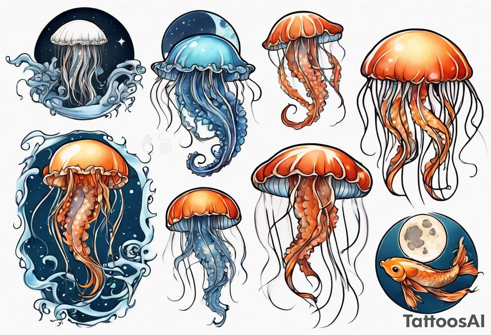 1 jellyfish with the moon in the lid. Then with mini koi carp and jellyfish swimming amongst the tentacles tattoo idea