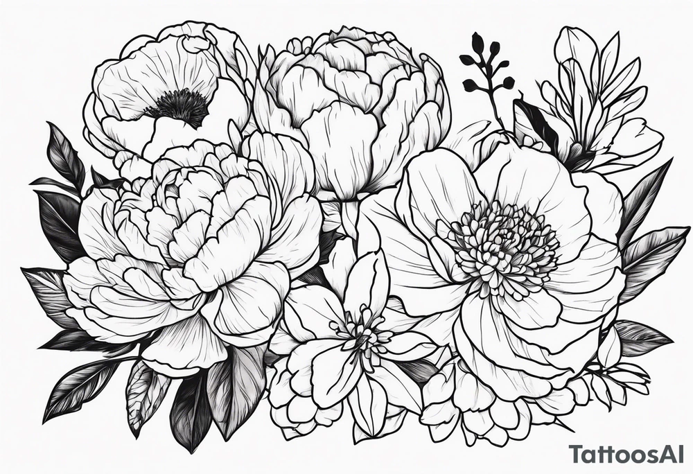 8 flowers peony, carnation, daffodil, daphne, dahlia, desiree, daisy and rose bouquet tattoo idea
