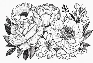 8 flowers peony, carnation, daffodil, daphne, dahlia, desiree, daisy and rose bouquet tattoo idea
